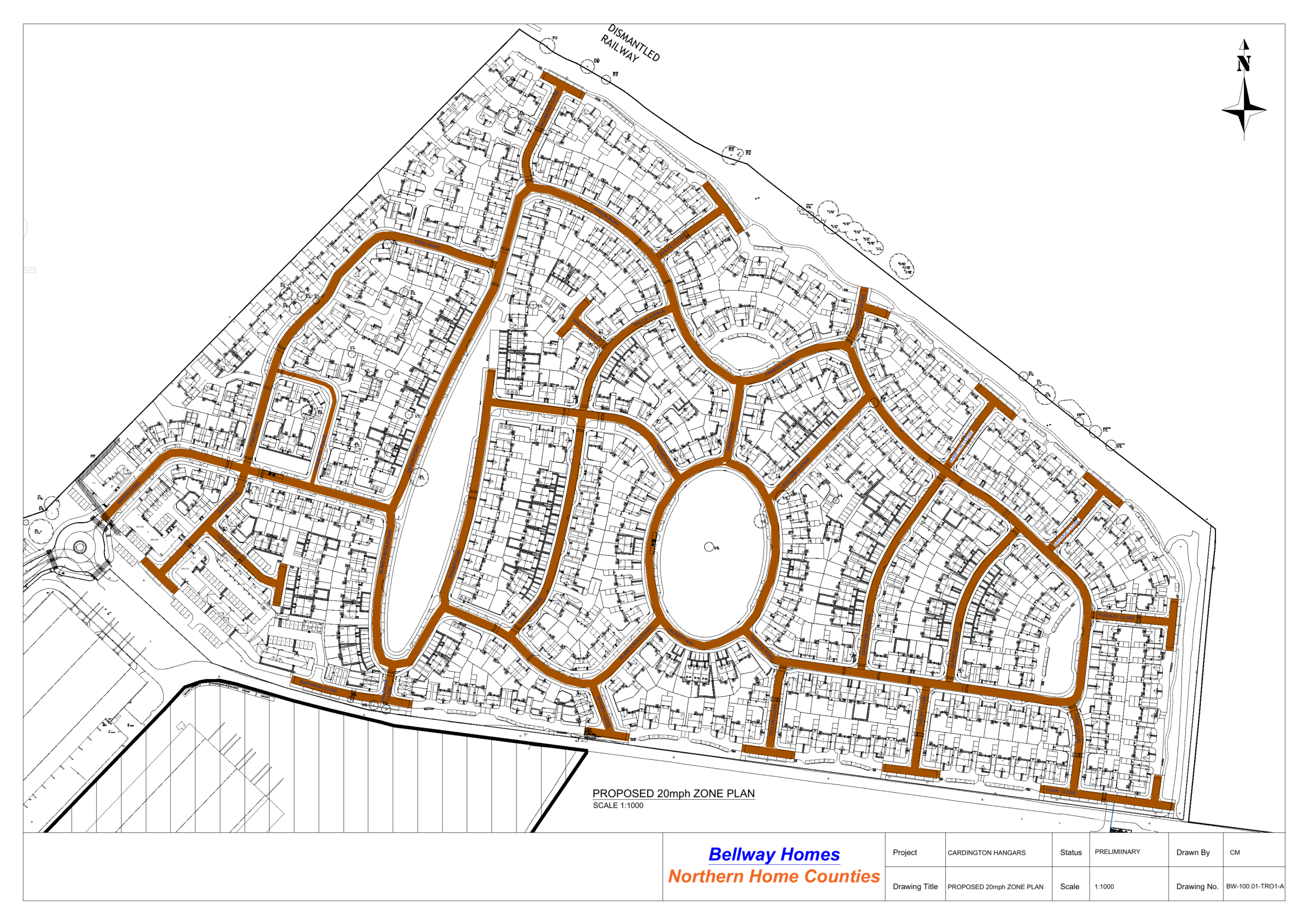 Proposed 20mph zone plan for the Cardington Hangars development in Shortstown, with affected roads highlighted