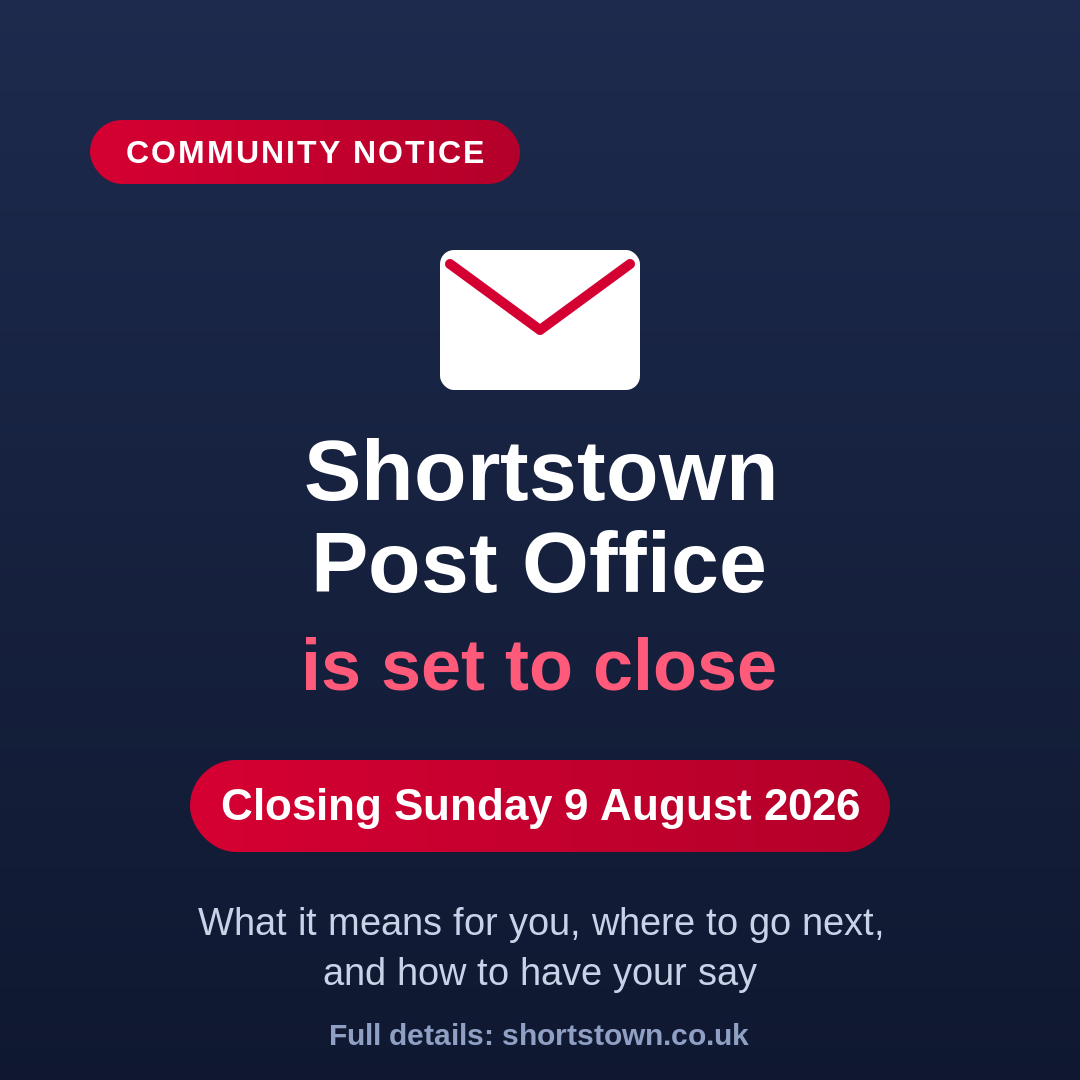 Notice that Shortstown Post Office is set to close on Sunday 9 August 2026